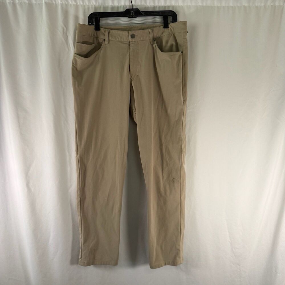 Lululemon ABC Pants Men's 36 Khaki Brown Chino Flat Front Tech Fit Button Zip